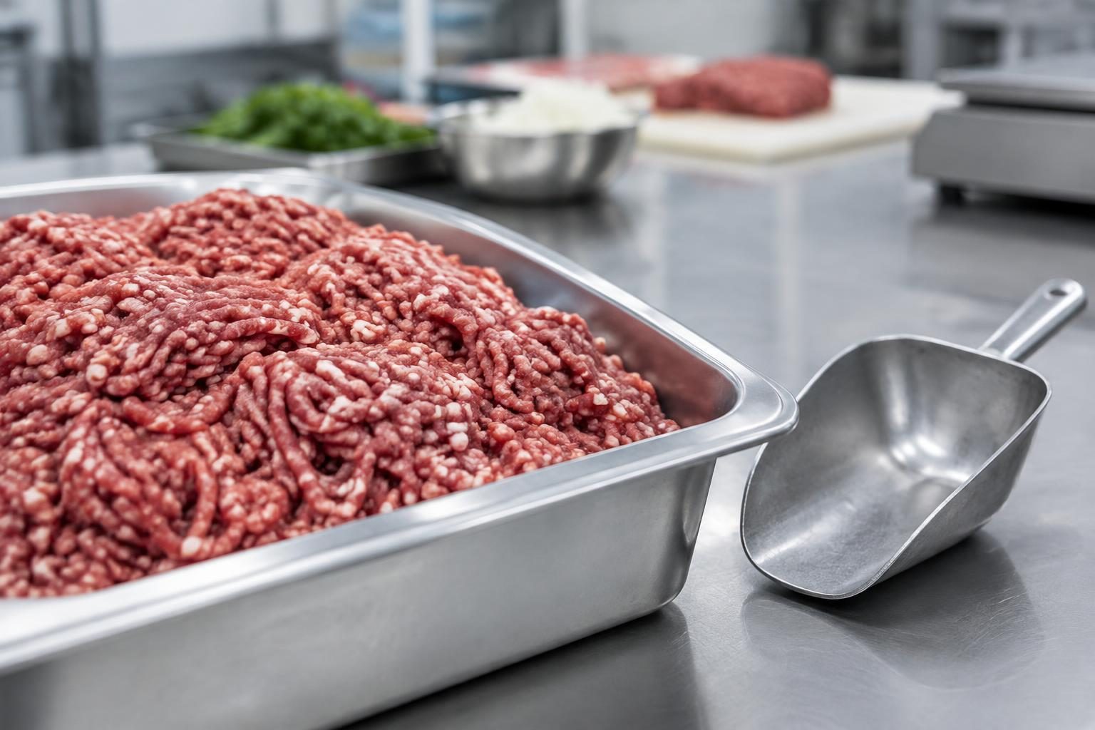 Close-up of coarse beef mince in a food-grade tray beside a weighing scoop.
