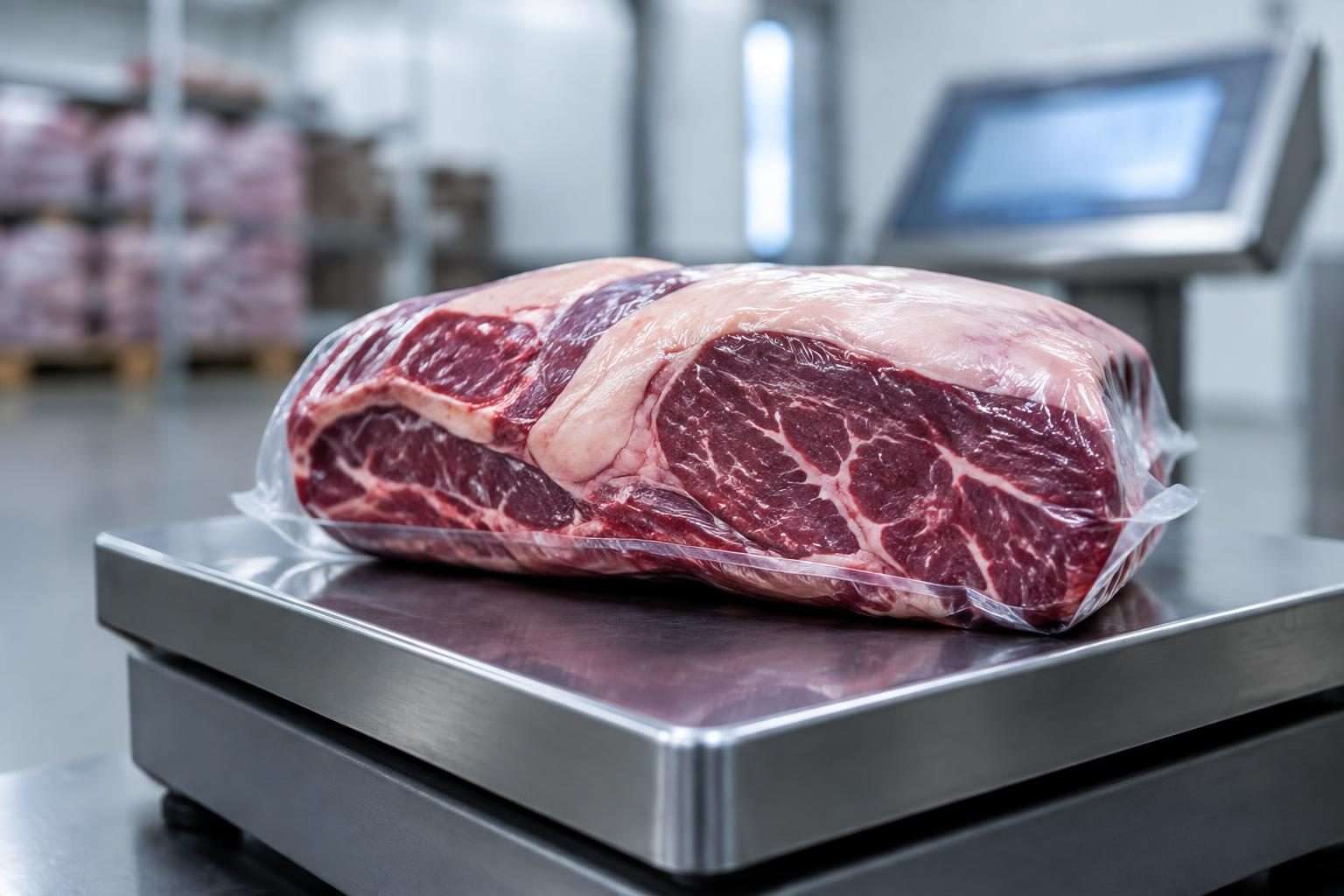 Vacuum-packed beef primal on a stainless-steel weighing platform.