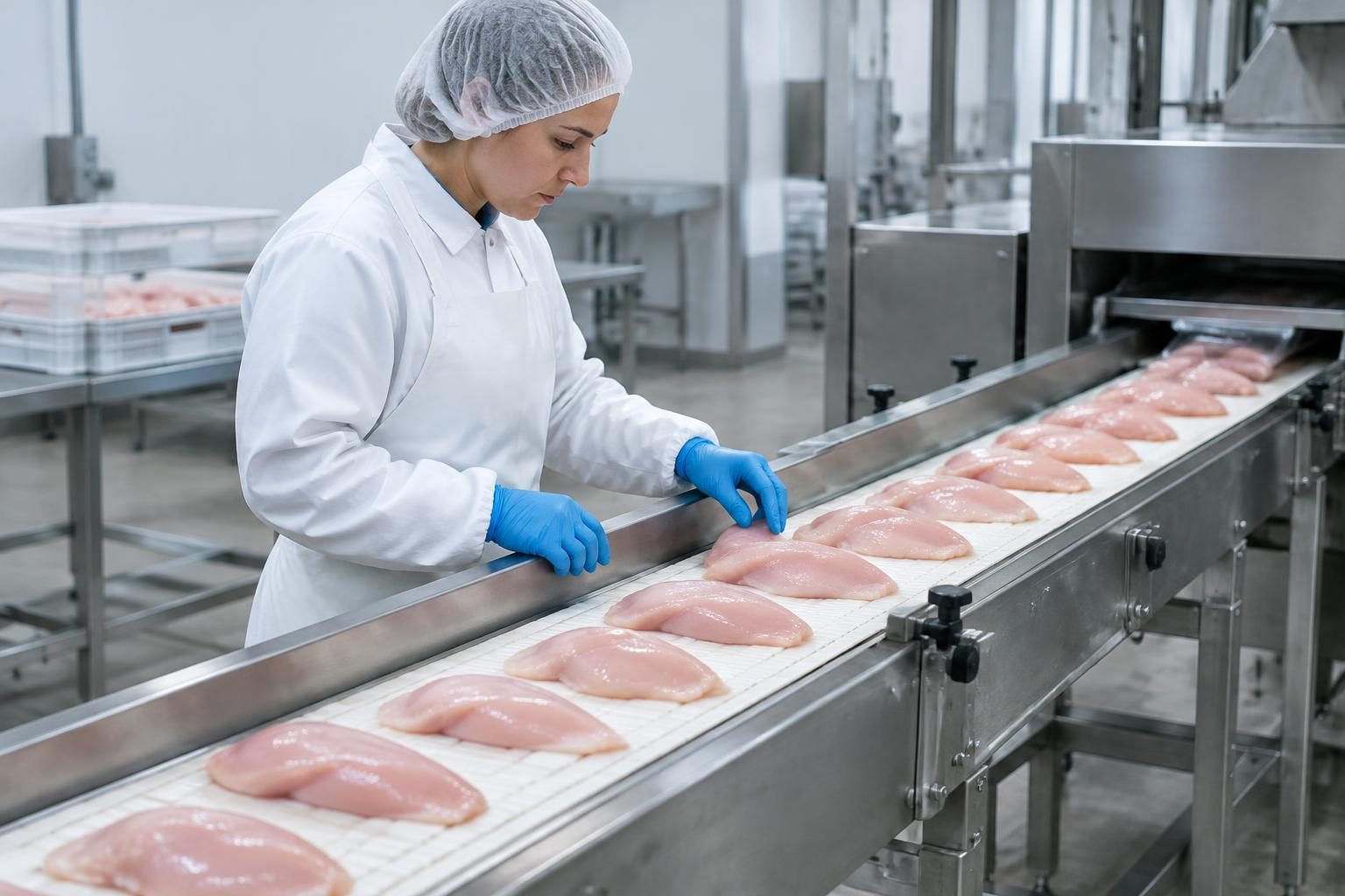 Technician checking chicken breast fillets on a portioning conveyor.