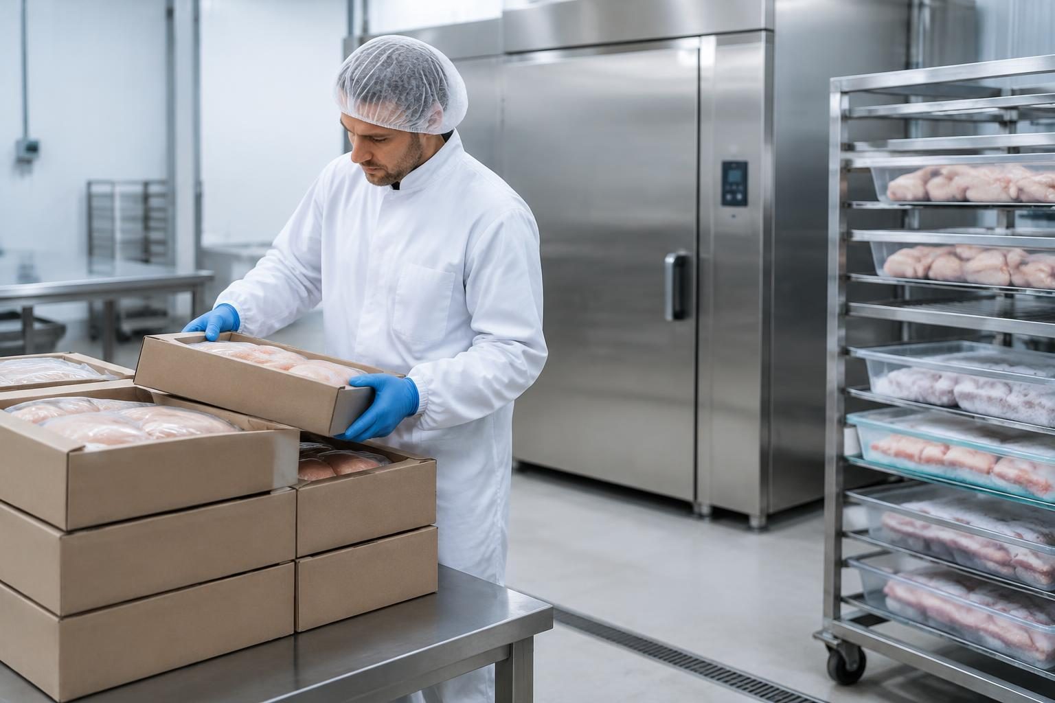 Production coordinator checking chicken cartons beside chilled storage and thawing equipment.