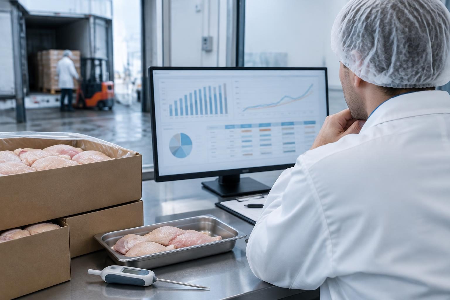 Procurement manager reviewing production costs beside chilled chicken cartons.