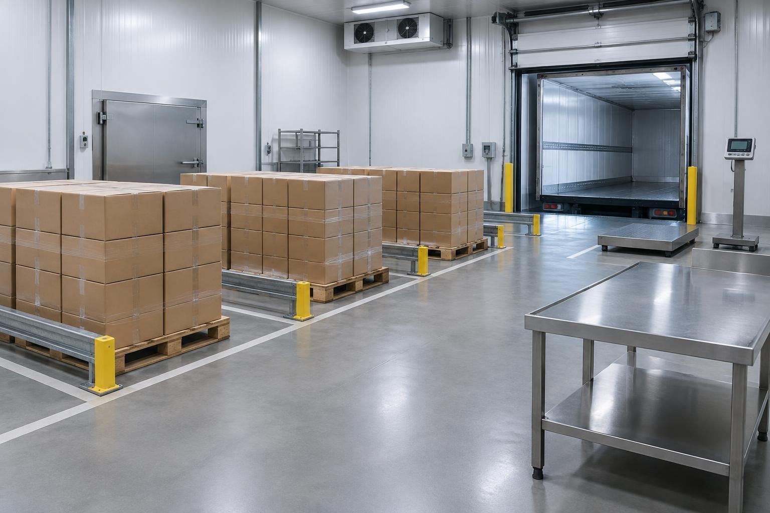 Sealed chicken cartons in a chilled food manufacturing intake area.
