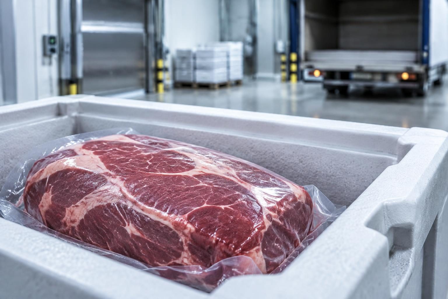Vacuum-packed chilled beef in an insulated tote at a factory receiving area.