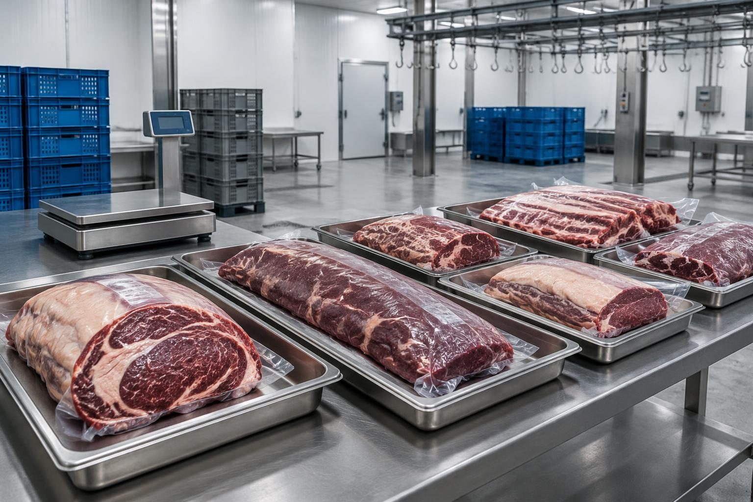Different vacuum-packed beef primal cuts laid out for assessment in a chilled cutting room.