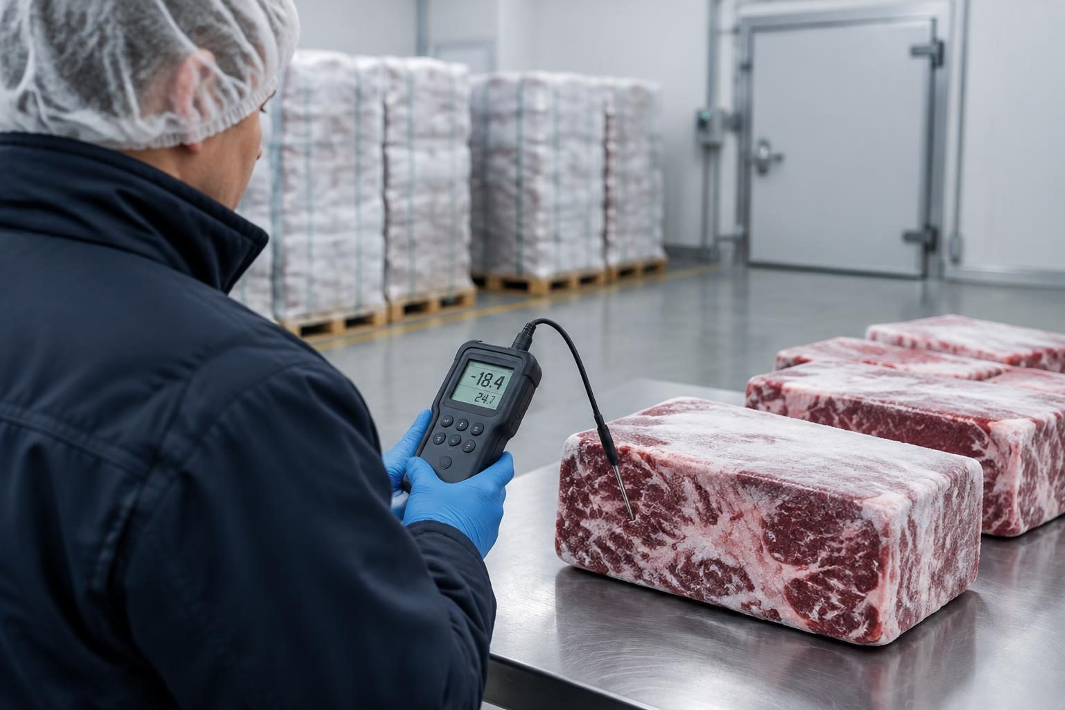 Quality controller checking an instrument beside frozen beef blocks in a cold-store area.