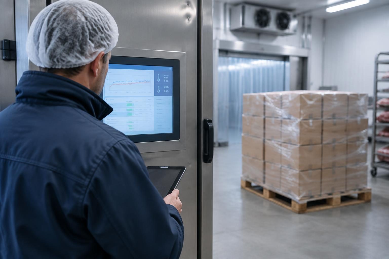 Production manager checking a tempering unit beside frozen beef cartons.