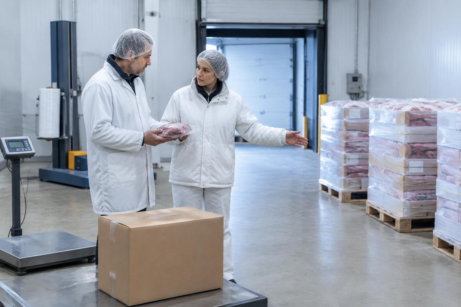 Procurement manager and frozen-goods supervisor reviewing veal cartons at a dispatch bay.