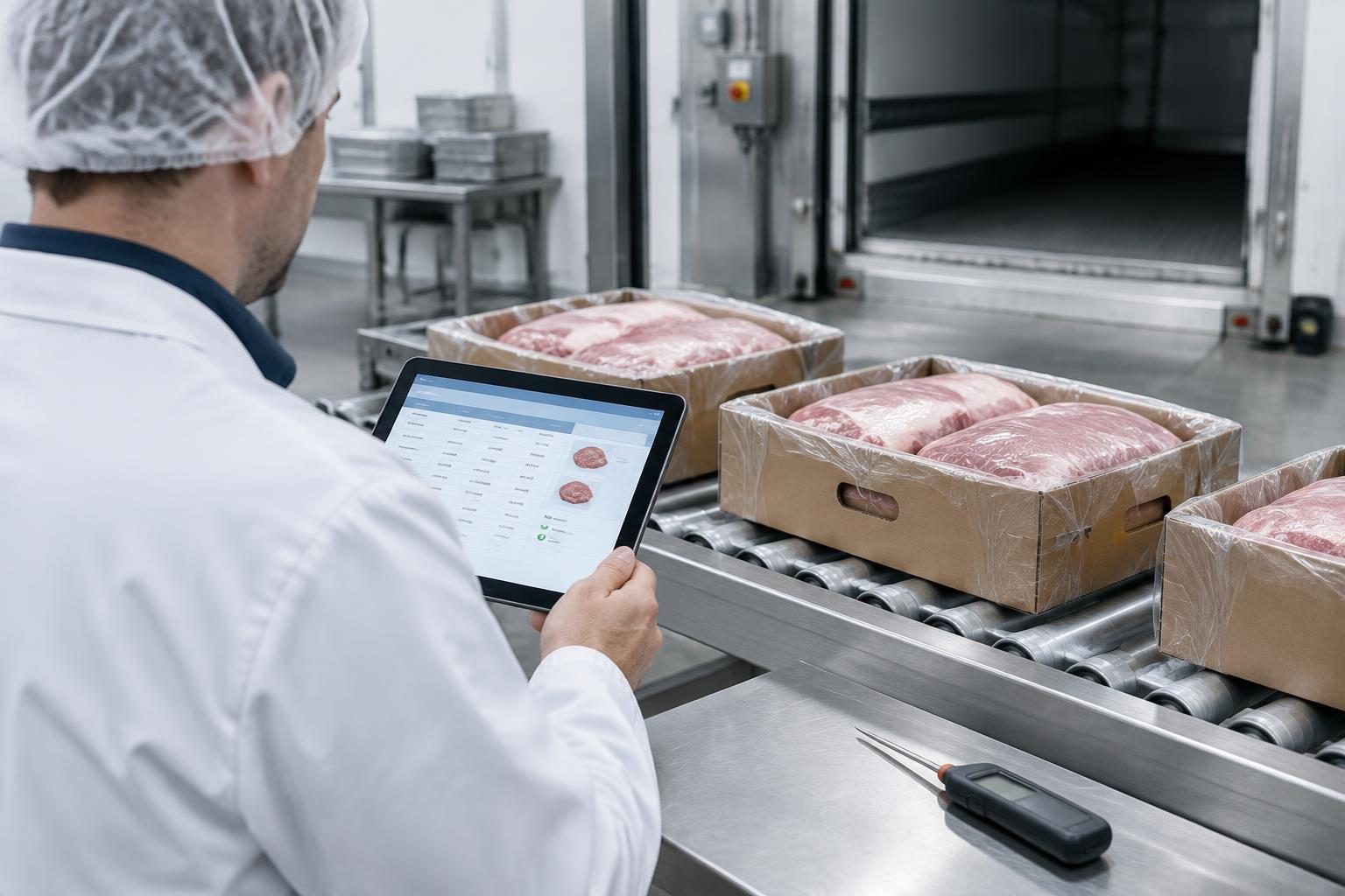 Procurement manager checking a chilled veal delivery at a manufacturing intake station.