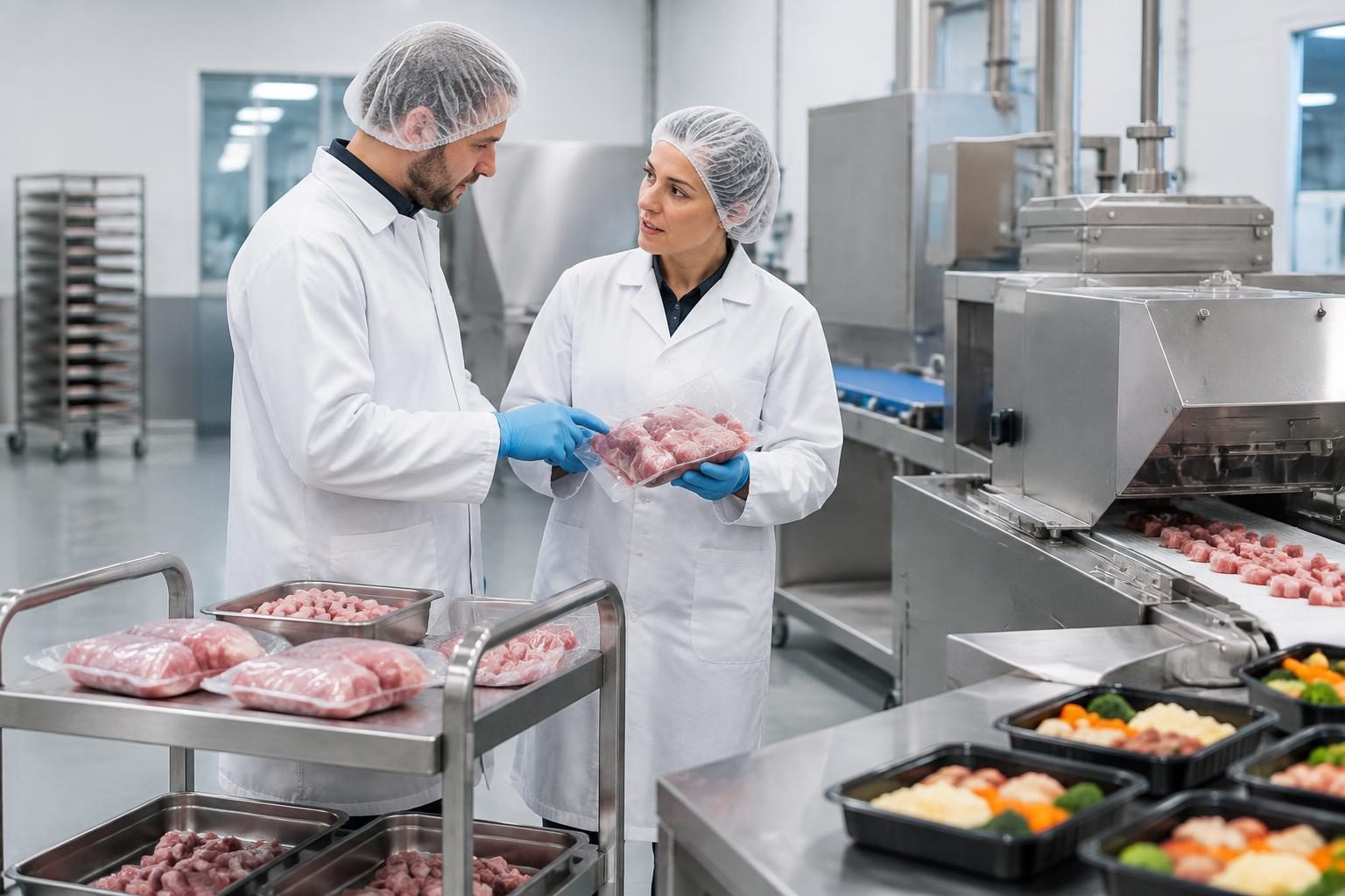 Two food-production colleagues discussing veal ingredients beside a portioning line.