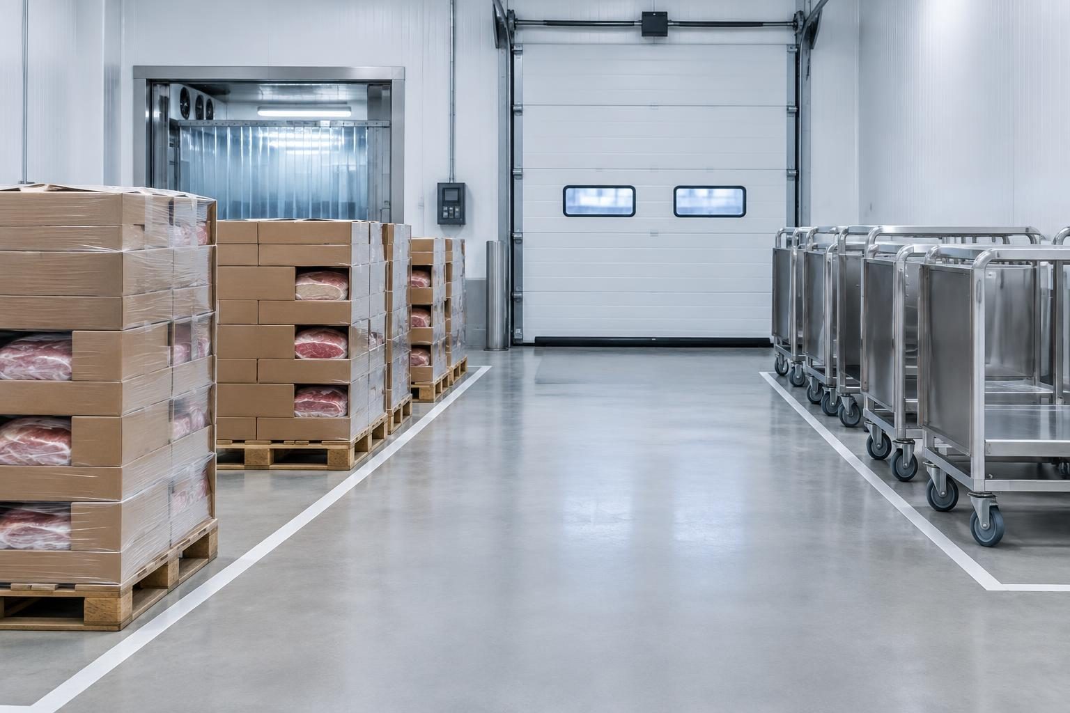 Palletised veal cartons staged in a chilled food-processing goods-in area.