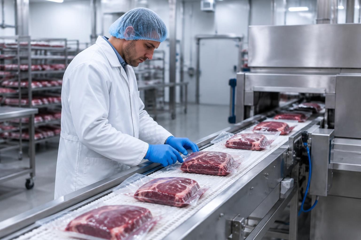 Worker checking packed beef portions on a processing line.