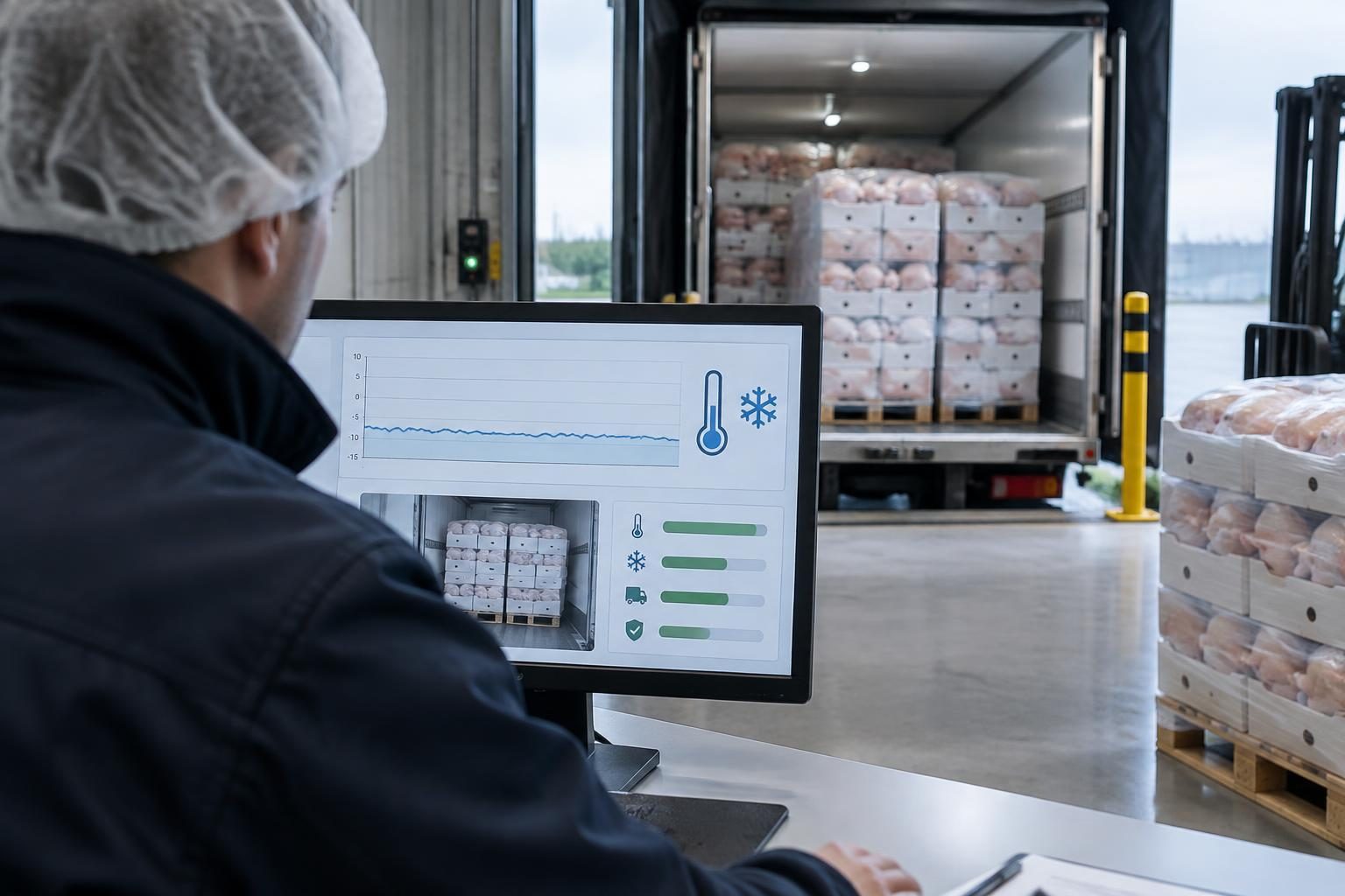 Buyer reviewing a chilled poultry delivery at a food production warehouse